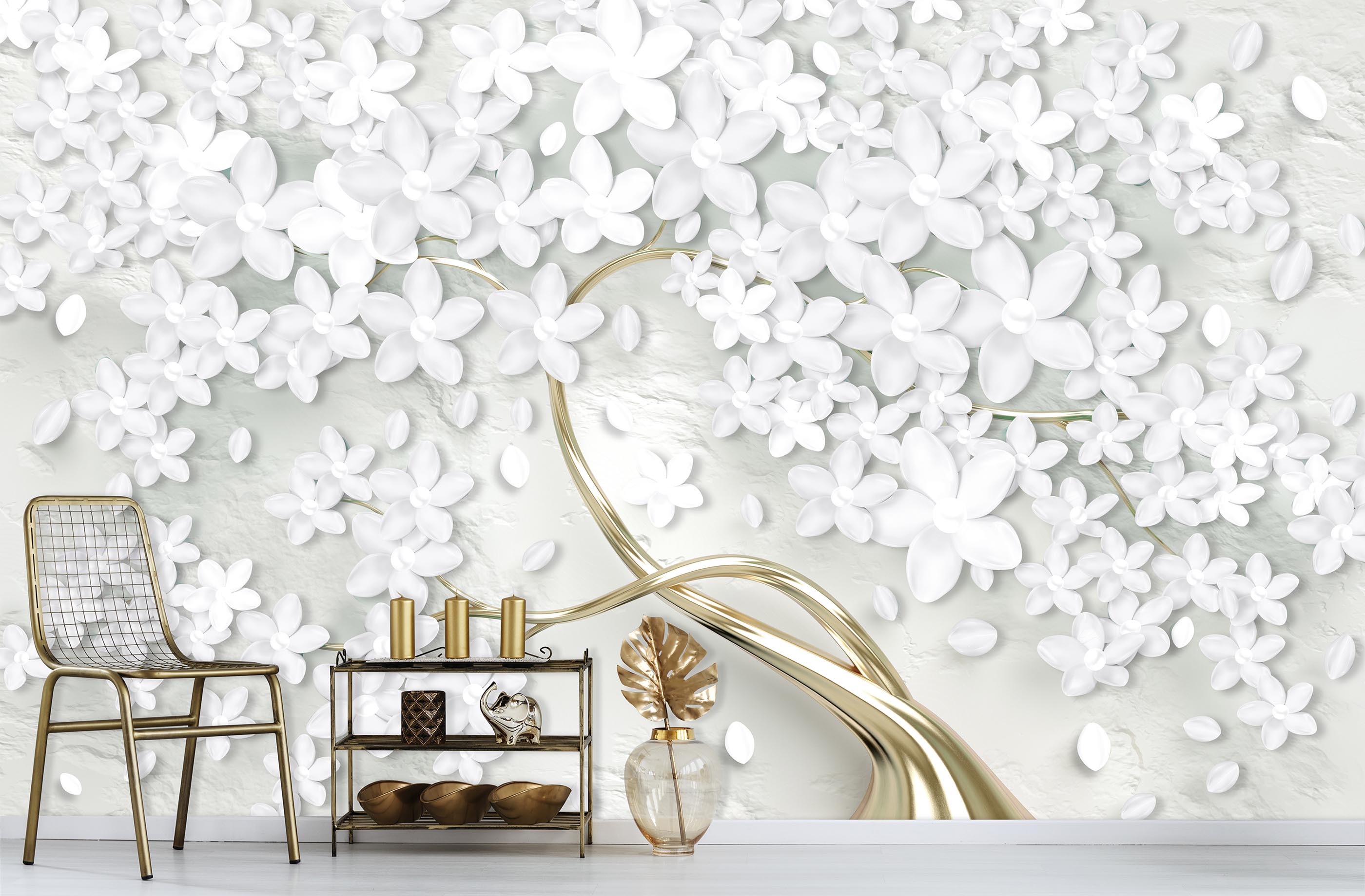 3d Golden tree and white flowers wallpaper | Living room wallpaper for walls