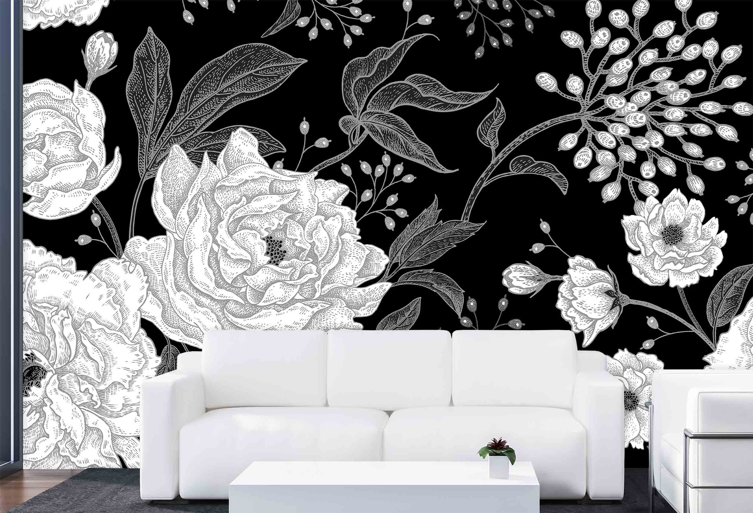 Wallpaper Mural Big Flowers on Black Background (Black and White) |  Muralunique